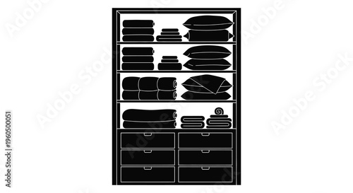 A black silhouette depicts neatly stacked towels and linens on shelves above dresser drawers silhouette high quality professional