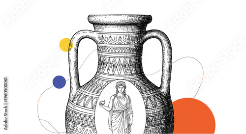 Detailed drawing of a classic Greek amphora features an elegant shape and a central figure of an ancient person.