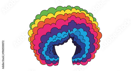 Vibrant and oversized afro wig is made from many layers of colorful curls, representing the full spectrum of a rainbow.
