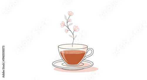 Delicate floral steam rising from a cup of tea, minimalist illustration