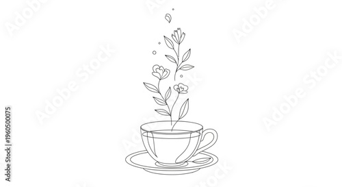 Delicate floral steam rising from a teacup, minimalist line art illustration