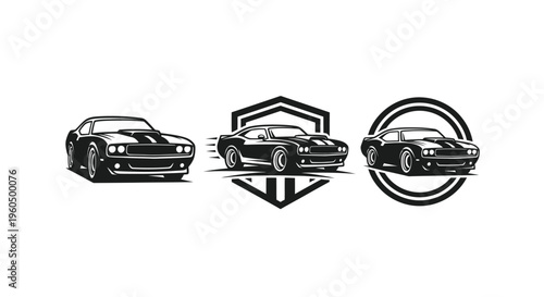 Vintage Muscle Car Icons: Retro Sports Automotive Vector Graphics Set