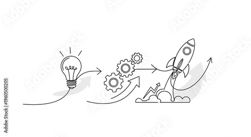 Startup Idea to Launch: Lightbulb, Gears, and Rocket Launching
