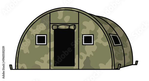 Military camouflage tent structure designed for tactical field operations or temporary shelter in rugged outdoor environments.