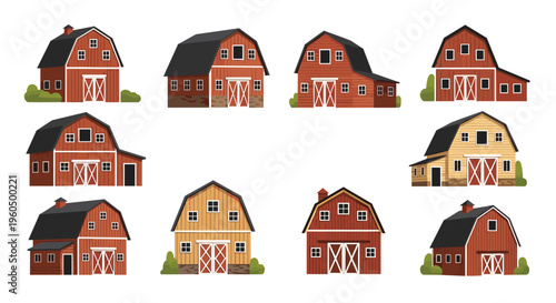Diverse assortment of rustic farm barns in red and yellow colors with different architectural styles for rural scene design.