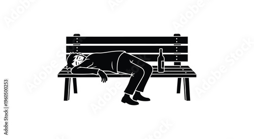 A solitary figure lies asleep on a park bench with a bottle nearby a poignant black silhouette