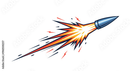 Cartoon bullet traveling at high speed with a powerful blast of fire and orange sparks against a white background.