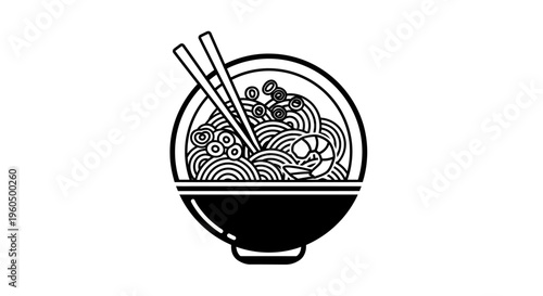Stylized Ramen Bowl with Chopsticks and Shrimp - Black and White Line Art