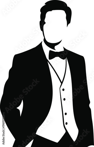 Man wearing tuxedo with bow tie and waistcoat illustration in formal attire