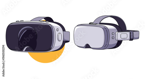 Modern virtual reality headsets shown from two angles highlighting the sleek goggles and adjustable head straps for gaming.