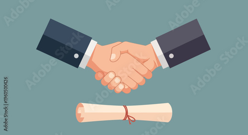 Business handshake over a signed contract, agreement, partnership, deal, success
