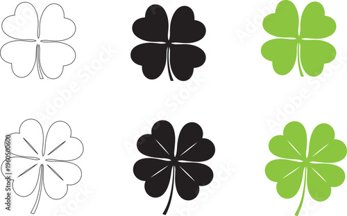 Collection of four-leaf clover icons in outline, black, and green variations, symbolizing luck and good fortune