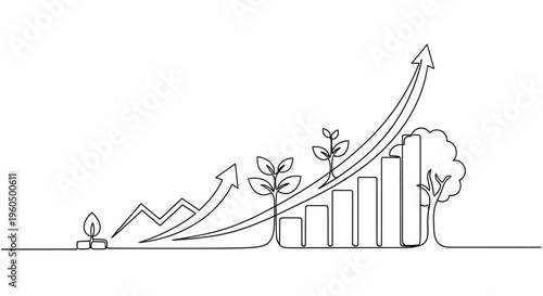 Growing Business Concept: Seedling to Tree with Upward Graph and Arrows