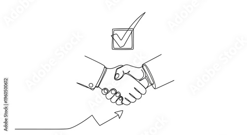 Business handshake with checkmark and growth arrow, symbolizing agreement and success