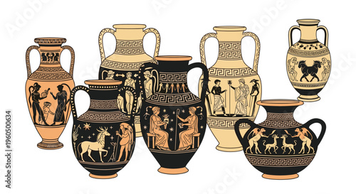 Assortment of ancient Greek ceramic vases and amphorae decorated with classical black-figure and red-figure pottery art.