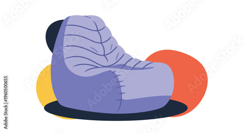Comfortable purple bean bag chair shown with soft contours and decorative abstract background shapes for interior design.