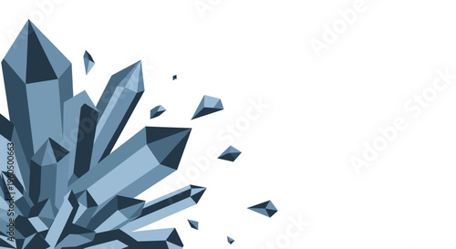 Cluster of sharp blue geometric crystals growing from a corner with smaller fragments scattered against a white space.