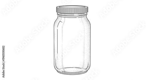 Classic empty glass jar with a textured metal screw lid rendered in a detailed vintage stippling and line art style.