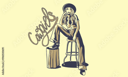 Vintage western cowgirl pinup set, stylish American retro women portraits