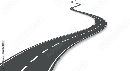 Winding Road Journey Concept: Empty Asphalt Highway with White Lines on White Background