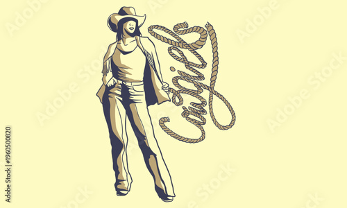 Vintage western cowgirl pinup set, stylish American retro women portraits