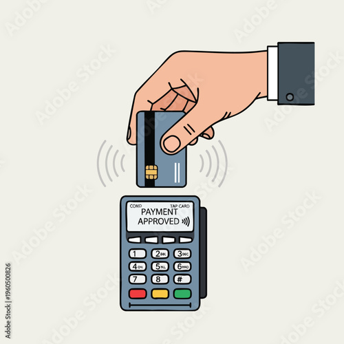 Hand taps credit card on POS terminal for approved contactless payment