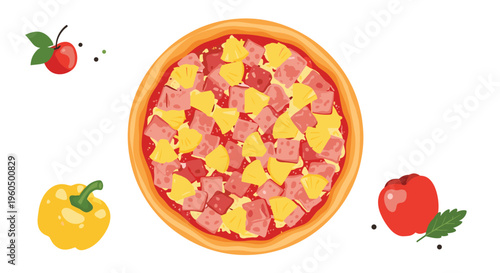 Delicious whole Hawaiian pizza topped with ham slices and pineapple chunks surrounded by fresh pepper and apple fruit.