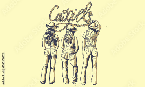 Vintage western cowgirl pinup set, stylish American retro women portraits