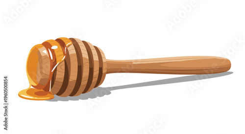 Polished wooden honey dipper tool shown with thick golden honey dripping from the head onto a white surface below it.