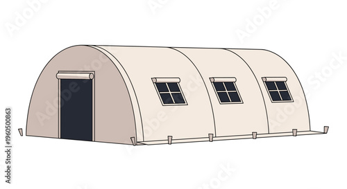 Large tan canvas tunnel tent structure with several roll-up windows designed for army field hospitals or base camps.