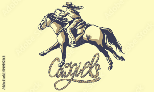 Vintage western cowgirl pinup set, stylish American retro women portraits