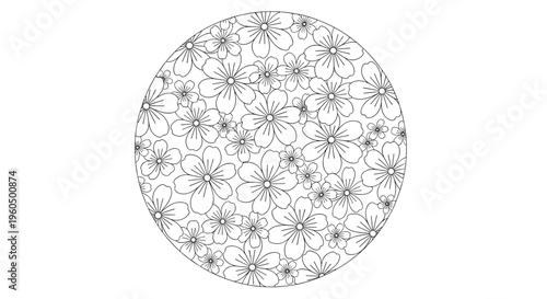 Intricate circular pattern filled with a dense arrangement of delicate line art flowers and tiny blossoms for coloring.