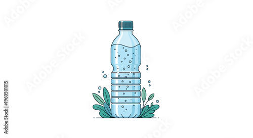 Refreshing plastic water bottle filled with sparkling mineral water and surrounded by fresh green leaves and bubbles.