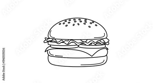 Minimalist line art illustration of a juicy hamburger with sesame seeds on a white background