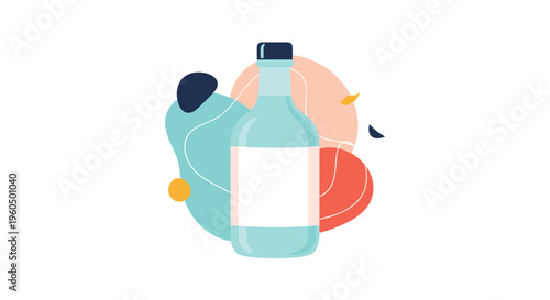 Simple blue glass bottle with a clean white label and black cap set against soft colorful abstract background shapes.