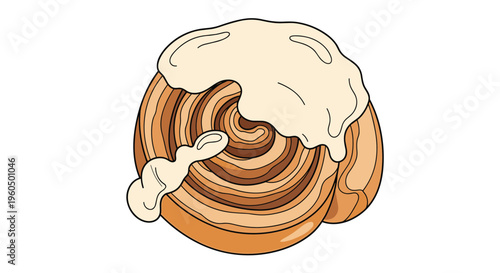 Delicious freshly baked cinnamon roll pastry featuring a spiral dough pattern and thick swirls of sweet white frosting.
