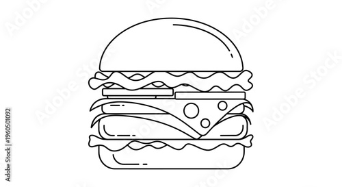 Simple line drawing of a delicious cheeseburger with lettuce and tomato