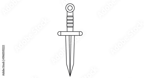 Simple black and white line drawing depicts a double-edged dagger or small sword with a round pommel and a protective crossguard.