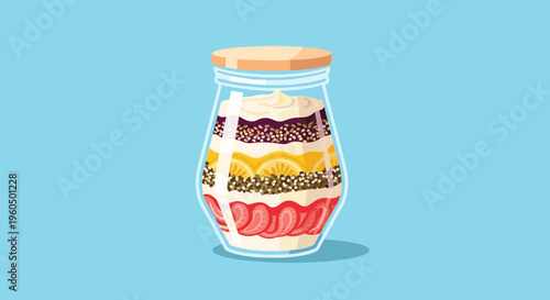 Healthy breakfast parfaits layered with yogurt, fruit, and granola are neatly arranged inside a glass jar with a light blue background.