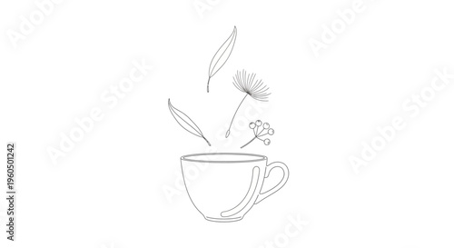 Minimalist line art of a teacup with falling leaves and flowers, delicate botanical illustration