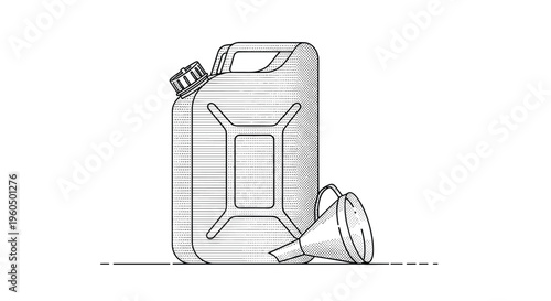 Plastic gasoline canister with a handle and a matching funnel is presented in a detailed grayscale stippled illustration style on white.