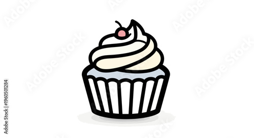 Cute Cartoon Cupcake with Cherry and Swirl Frosting
