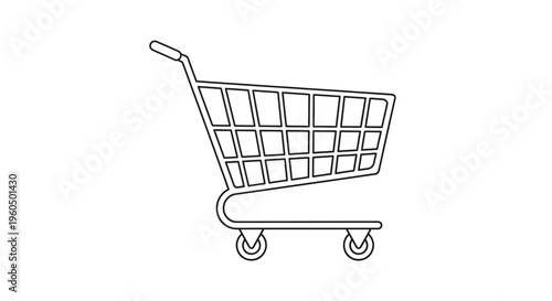 Shopping Cart Icon Outline - Simple Line Art of a Grocery Store Trolley on White Background