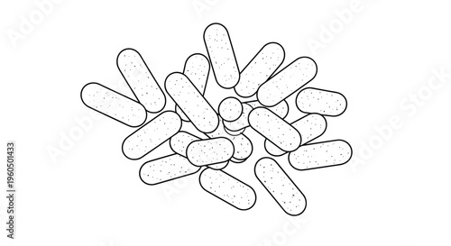 Large heap of generic white capsule-shaped pills or tablets is depicted in a simple black and white line drawing on a white background.