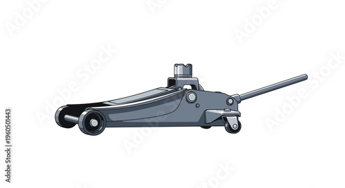 Industrial gray floor jack with wheels and a long handle for automotive repair is presented in a clean flat illustration style.