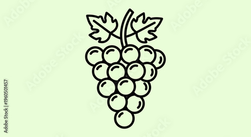 Simple Black and White Line Art Icon of Grapes with Leaves on Light Green Background