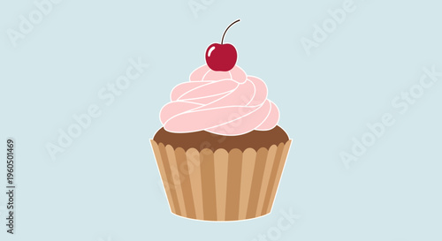 Delicious Pink Frosted Cupcake with Cherry on Top, Isolated on Light Blue Background