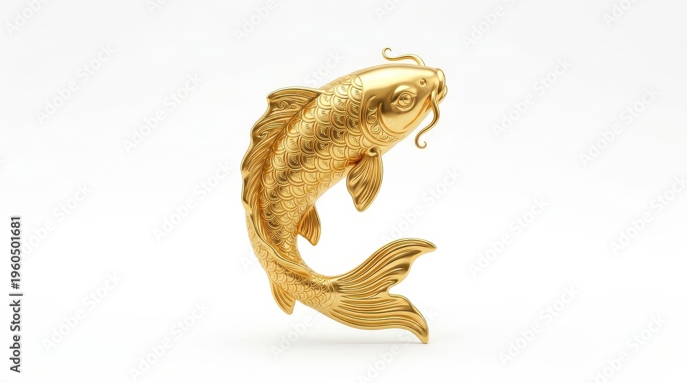 Fototapeta premium Luxurious golden koi fish sculpture gracefully swimming upward in a dynamic pose isolated on a clean white studio background showcasing elegance and prosperity