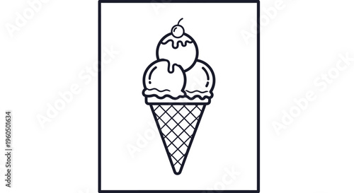 Simple Ice Cream Cone Outline Drawing with Cherry on Top