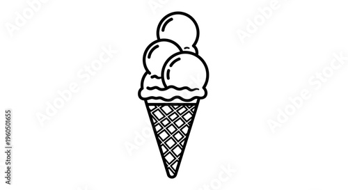 Simple Black and White Ice Cream Cone with Three Scoops